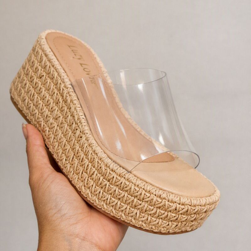 Sandália Plataforma Feminina Vivi Vinil Crochê salto 9cm confortável