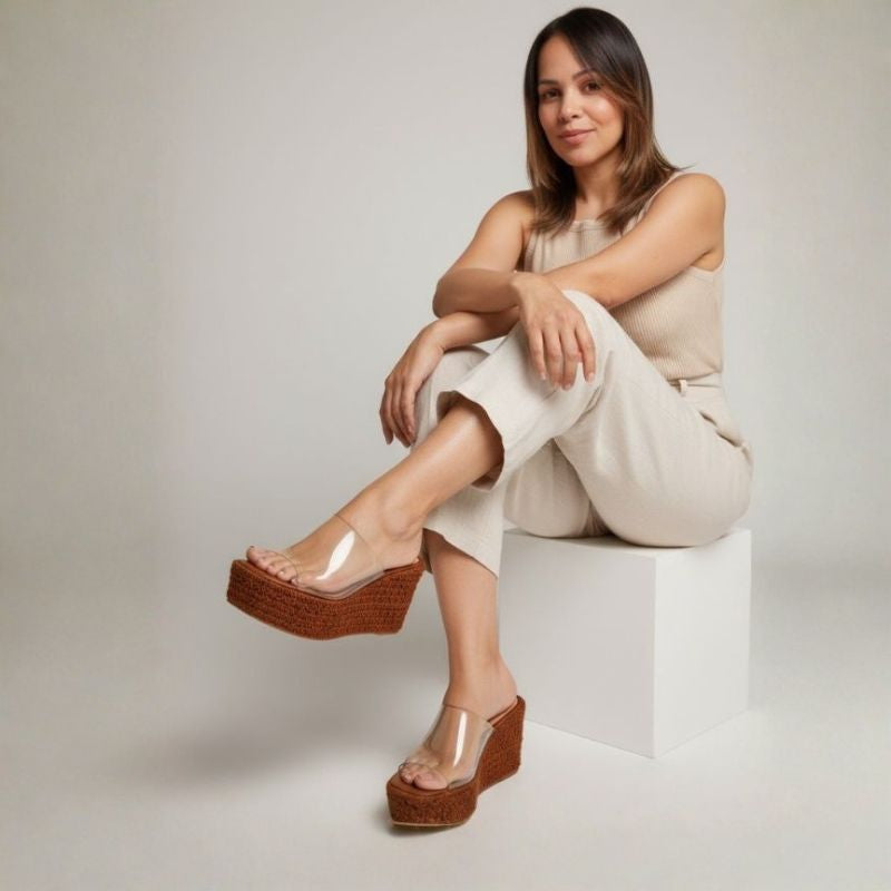 Sandália Plataforma Feminina Vivi Vinil Crochê salto 9cm confortável