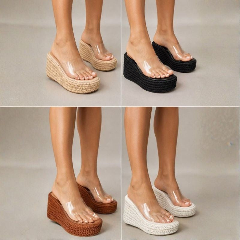 Sandália Plataforma Feminina Vivi Vinil Crochê salto 9cm confortável
