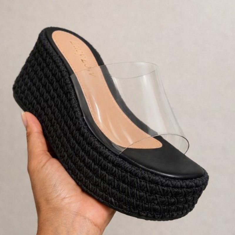 Sandália Plataforma Feminina Vivi Vinil Crochê salto 9cm confortável