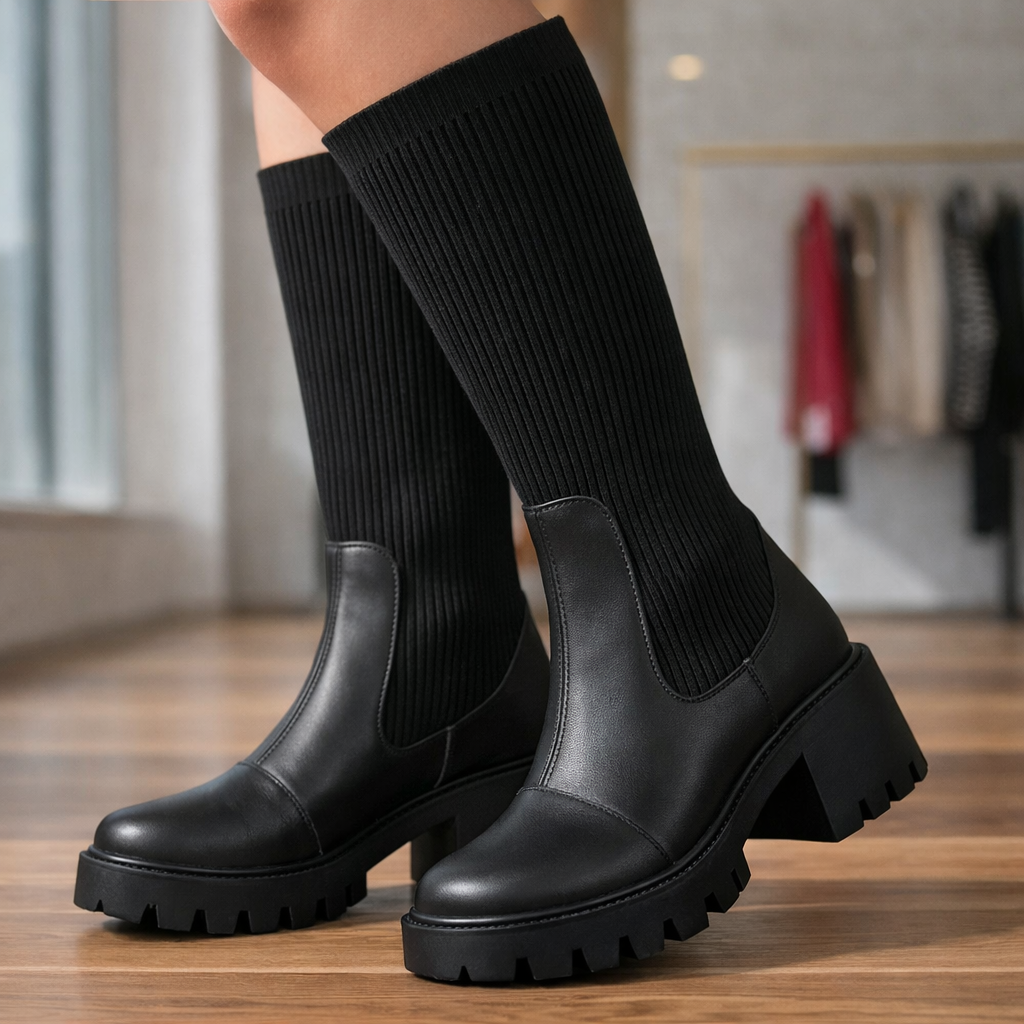 Bota Meia Feminina Cano Médio Salto bloco 6,5cm – Confortável